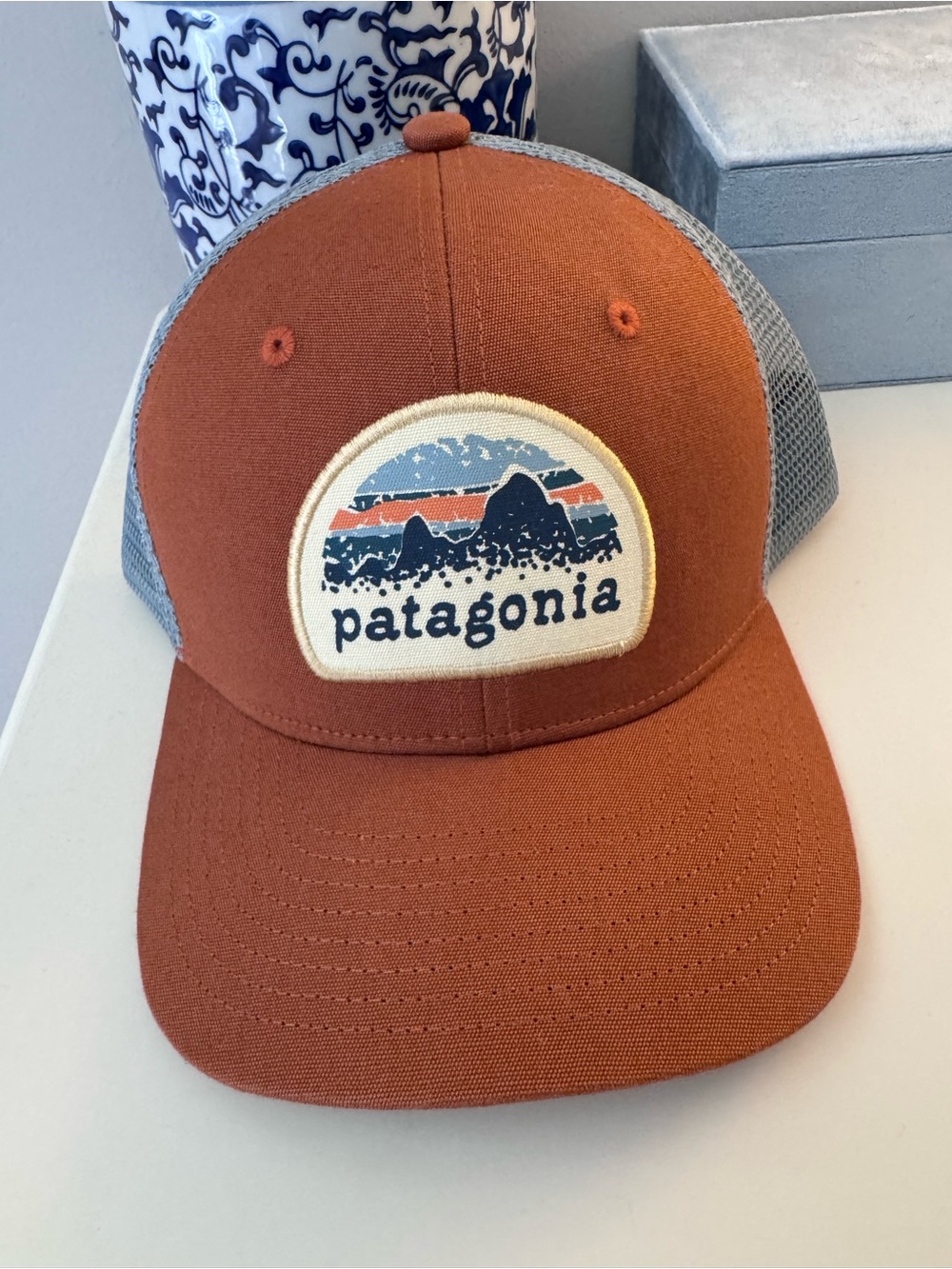 Patagonia Light Blue Mesh Trucker Hat with Brown Snapback